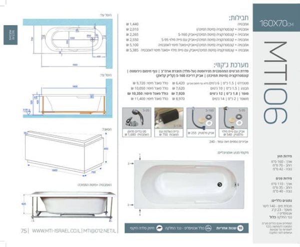 MTI-06-160X70 אמבטיה מלבנית